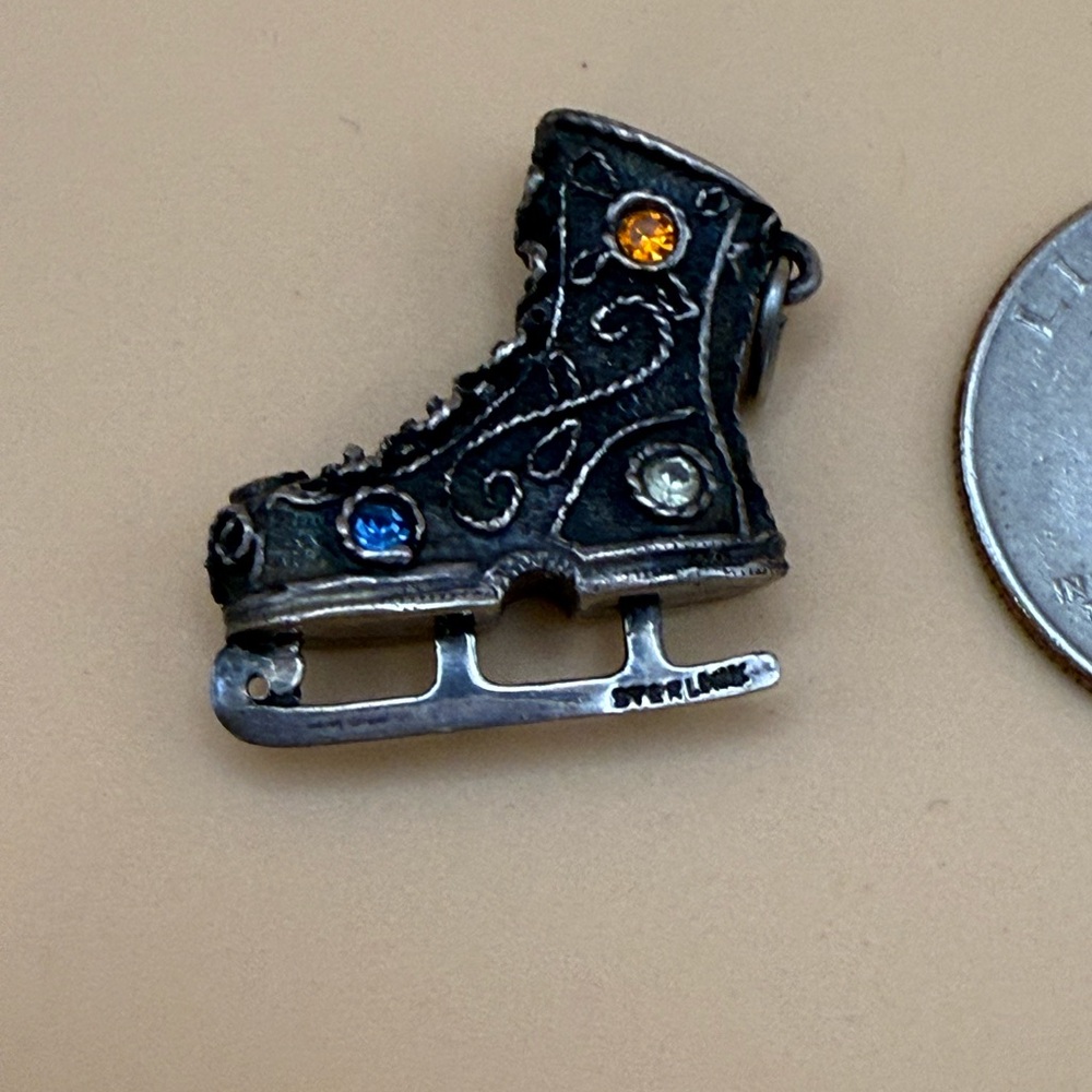 Vintage Sterling Silver 3D Ice Skate Pendant Charm Gem Accents, Skating, Hockey